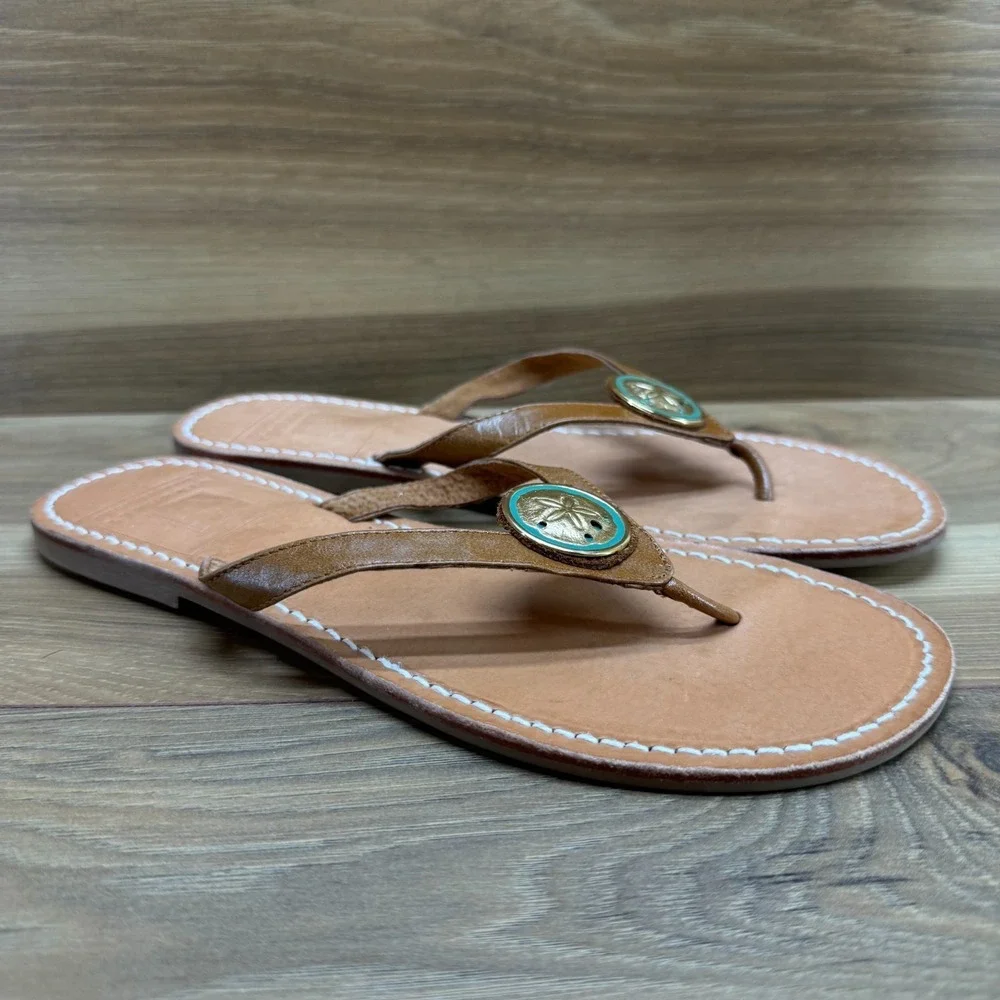 Wimberly Flip Flop Sandals Womens 8 Tan Leather Star Fish Medallion USA Made